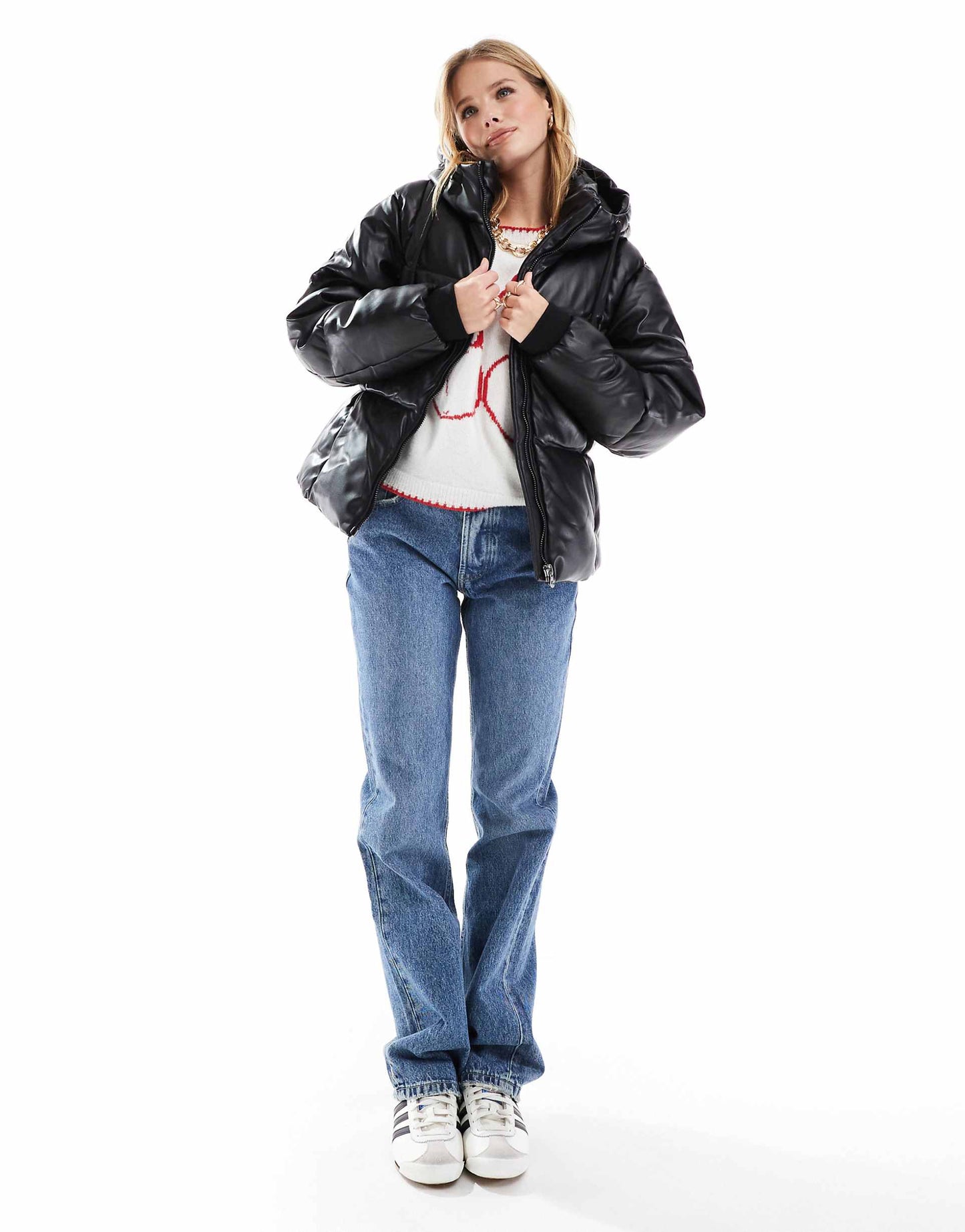 Faux Leather Puffer Jacket With Hood