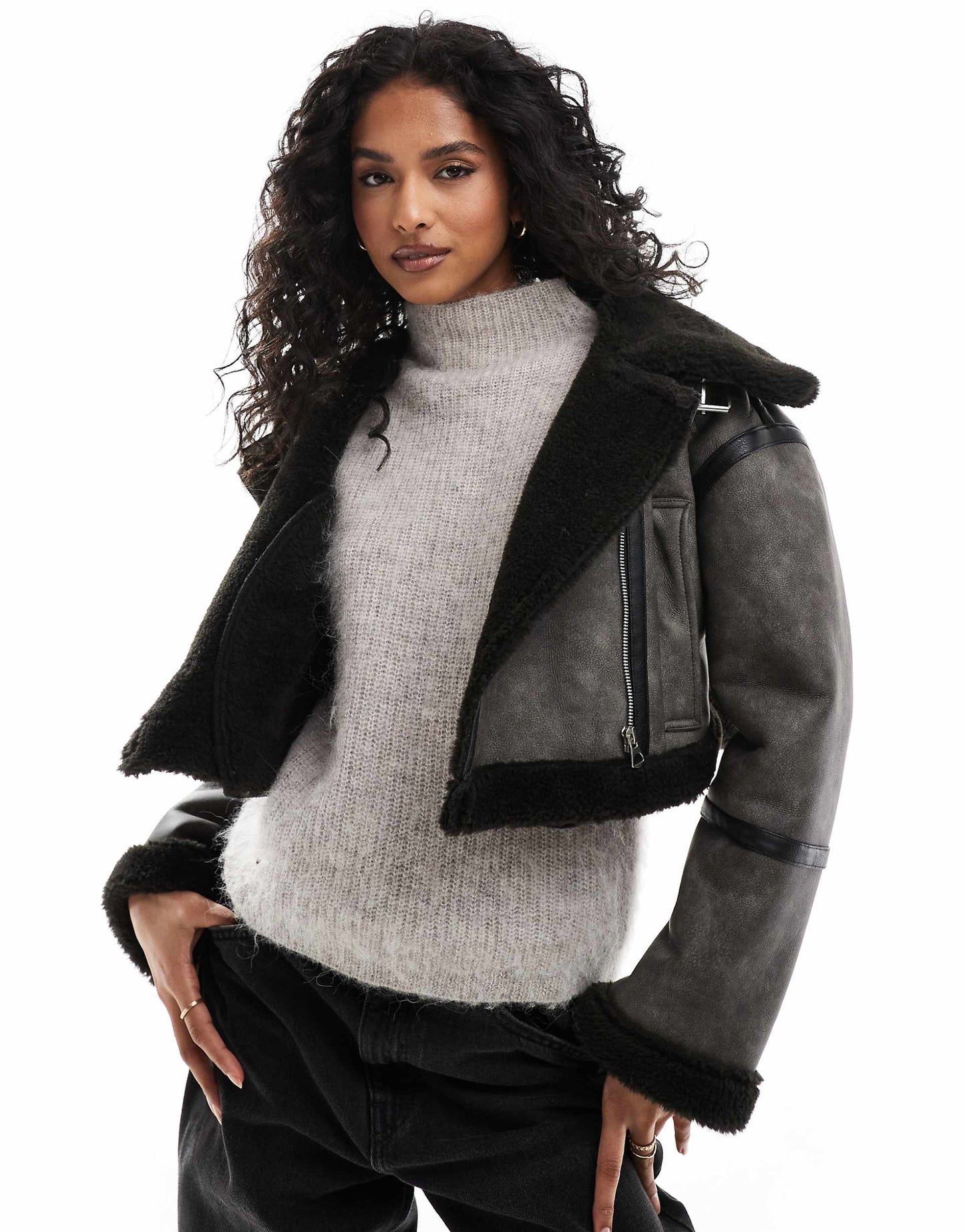Contrast Shearling Trim Cropped Aviator Jacket
