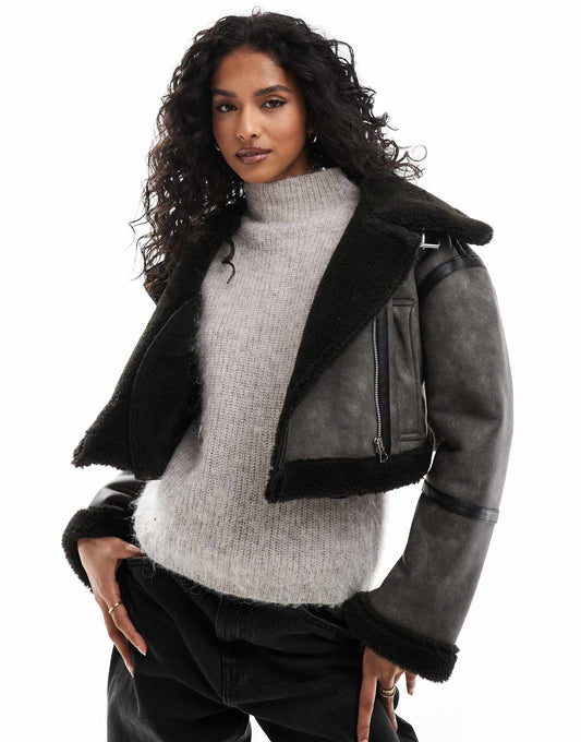 Contrast Shearling Trim Cropped Aviator Jacket