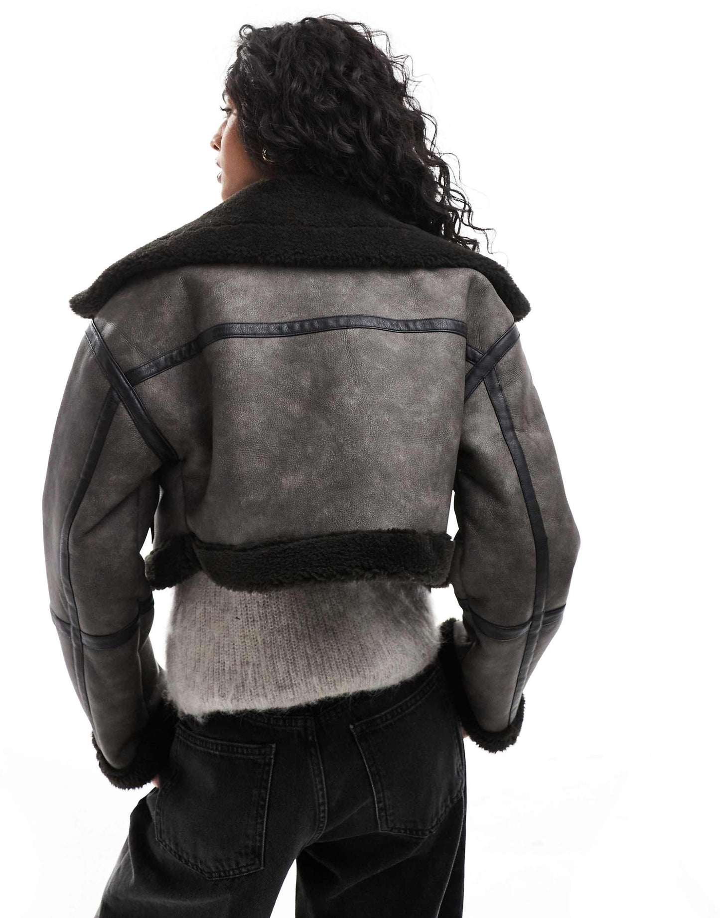 Contrast Shearling Trim Cropped Aviator Jacket