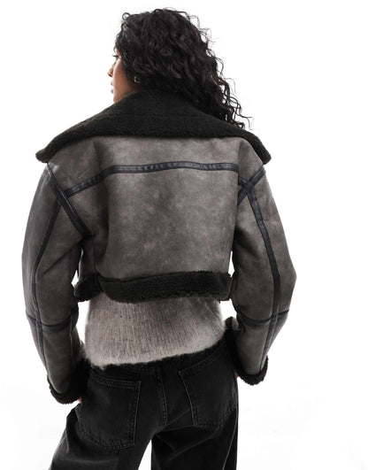 Contrast Shearling Trim Cropped Aviator Jacket