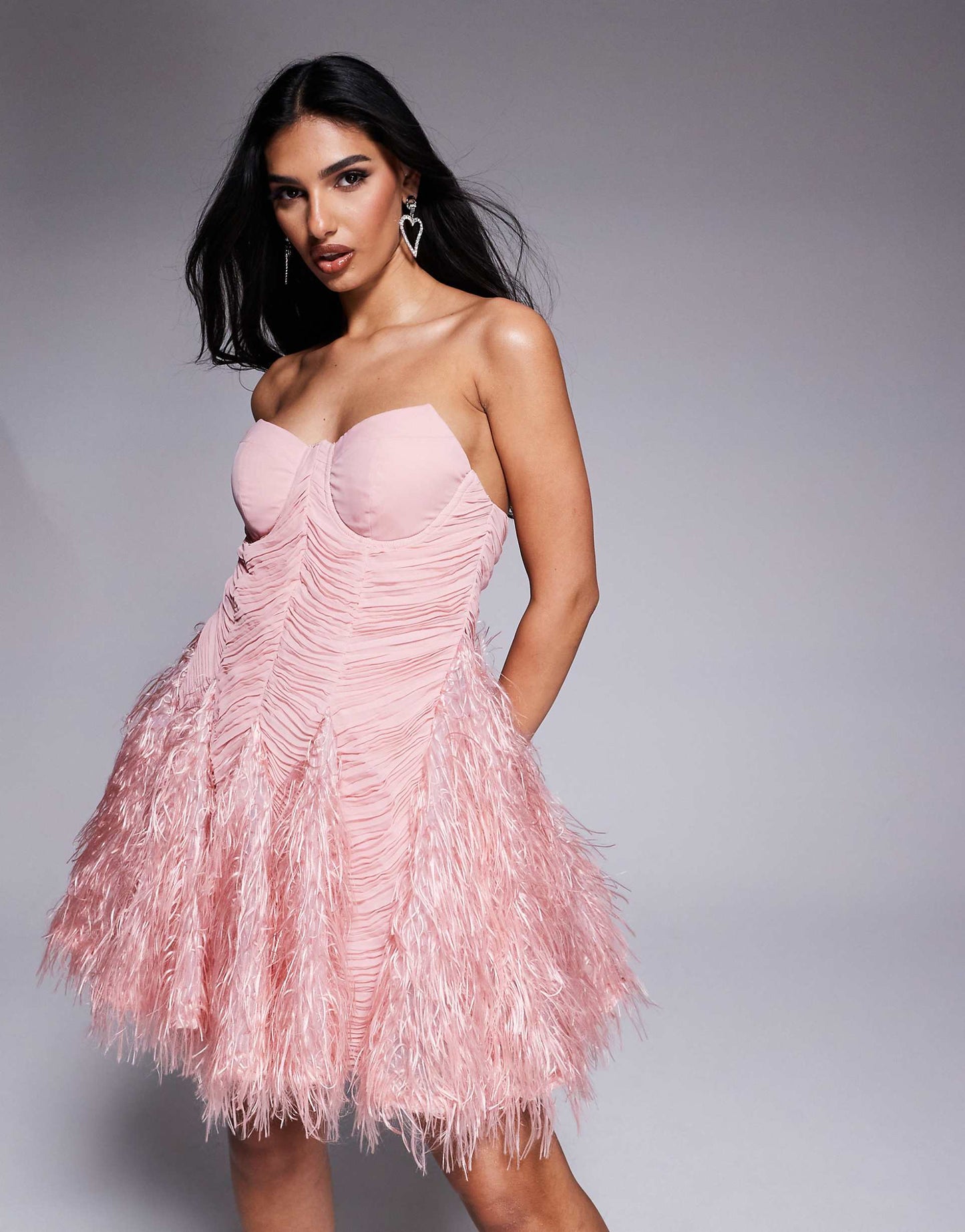 Faux Feather Bandeau Mini Dress With Organza Ruching