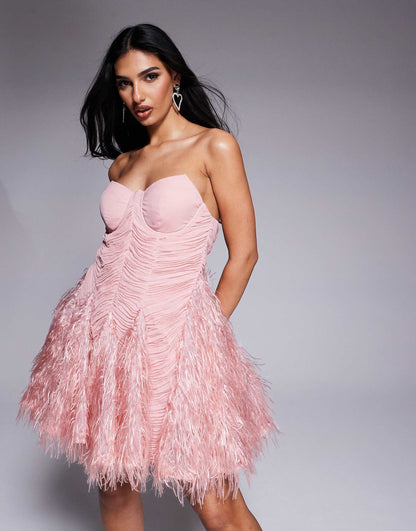 Faux Feather Bandeau Mini Dress With Organza Ruching