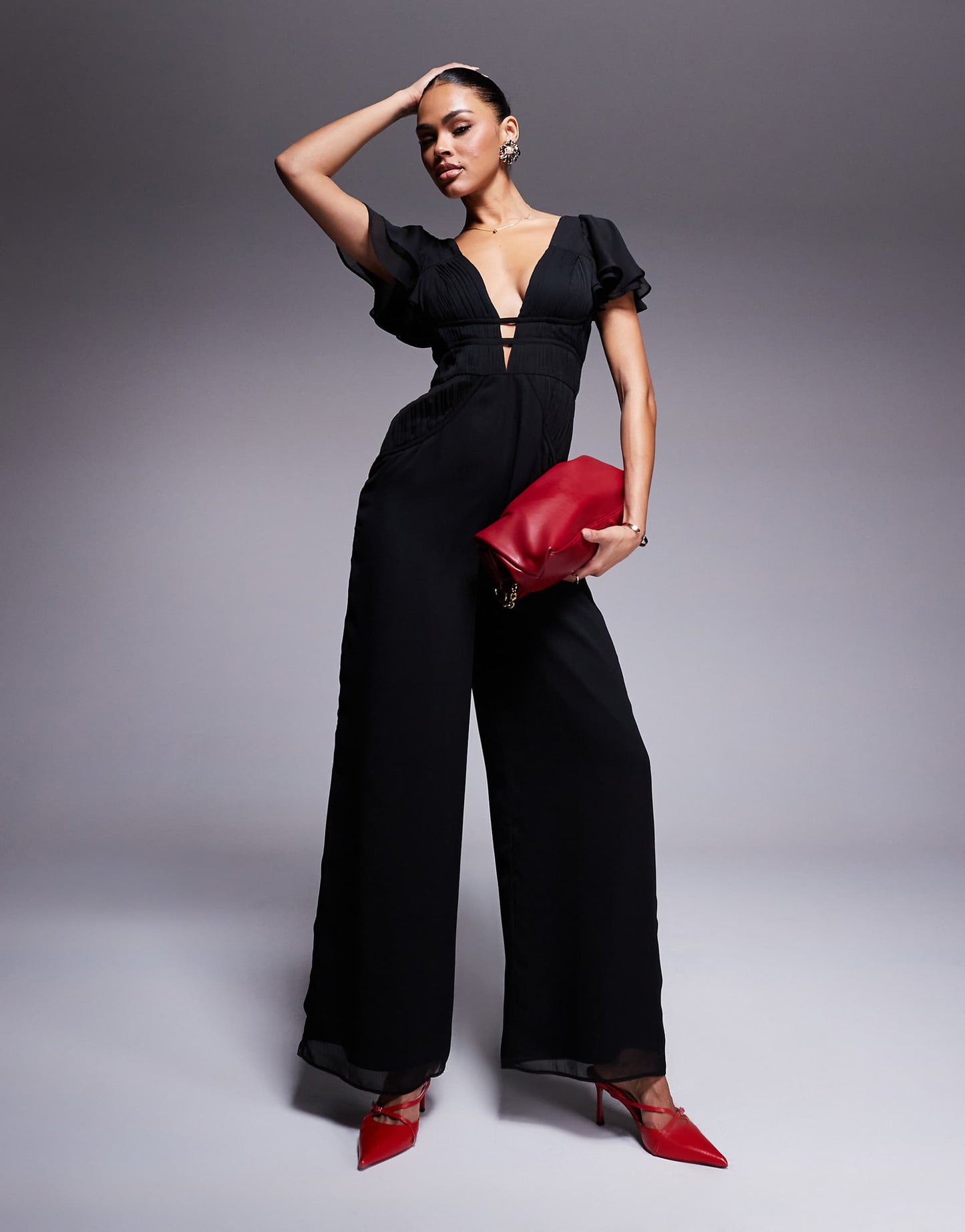 Flutter Sleeve Ruched Wide Leg Jumpsuit