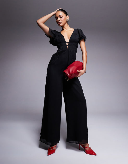 Flutter Sleeve Ruched Wide Leg Jumpsuit