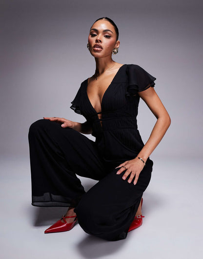 Flutter Sleeve Ruched Wide Leg Jumpsuit