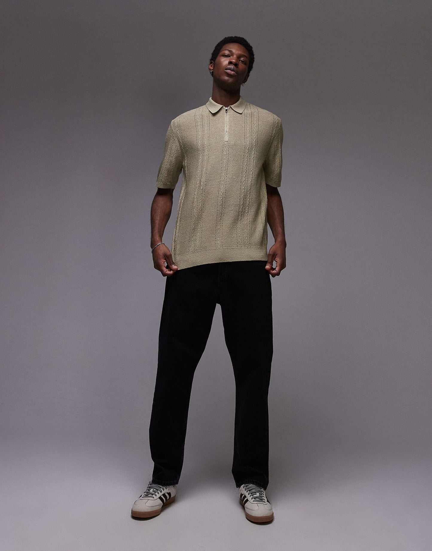 Knitted Short Sleeve1/4 Zip Textured Polo Shirt
