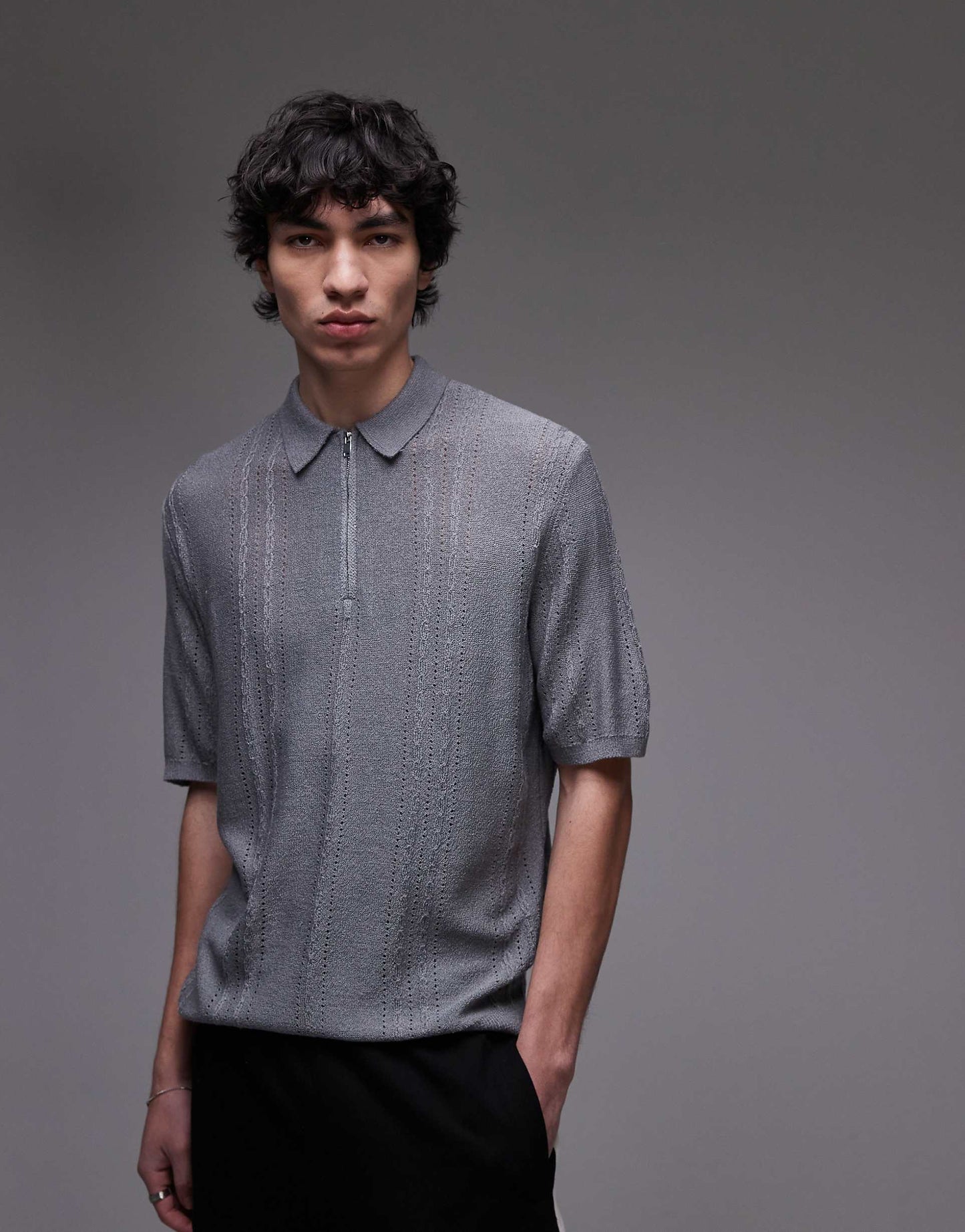 Knitted Short Sleeve1/4 Zip Textured Polo Shirt