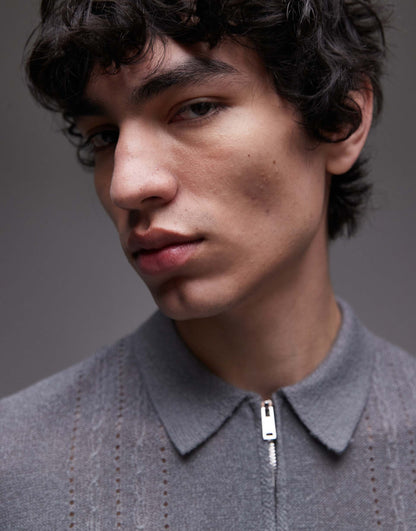 Knitted Short Sleeve1/4 Zip Textured Polo Shirt