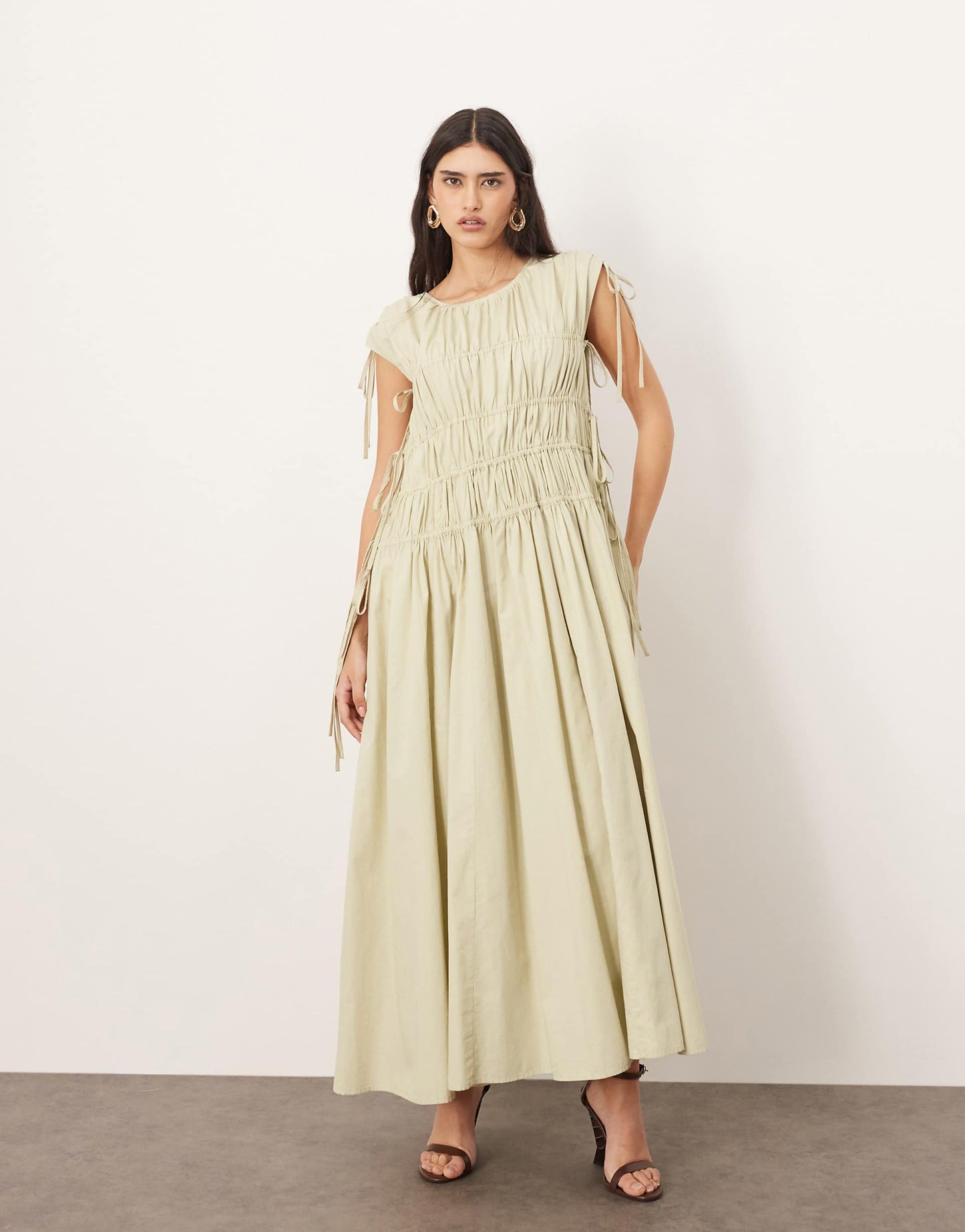 Clean Cotton Drawstring Detail Trapeze Midi Dress With Pockets