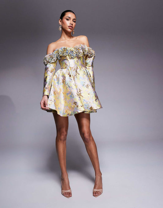 Jacquard Off Shoulder 3D Floral Skater Mini Dress