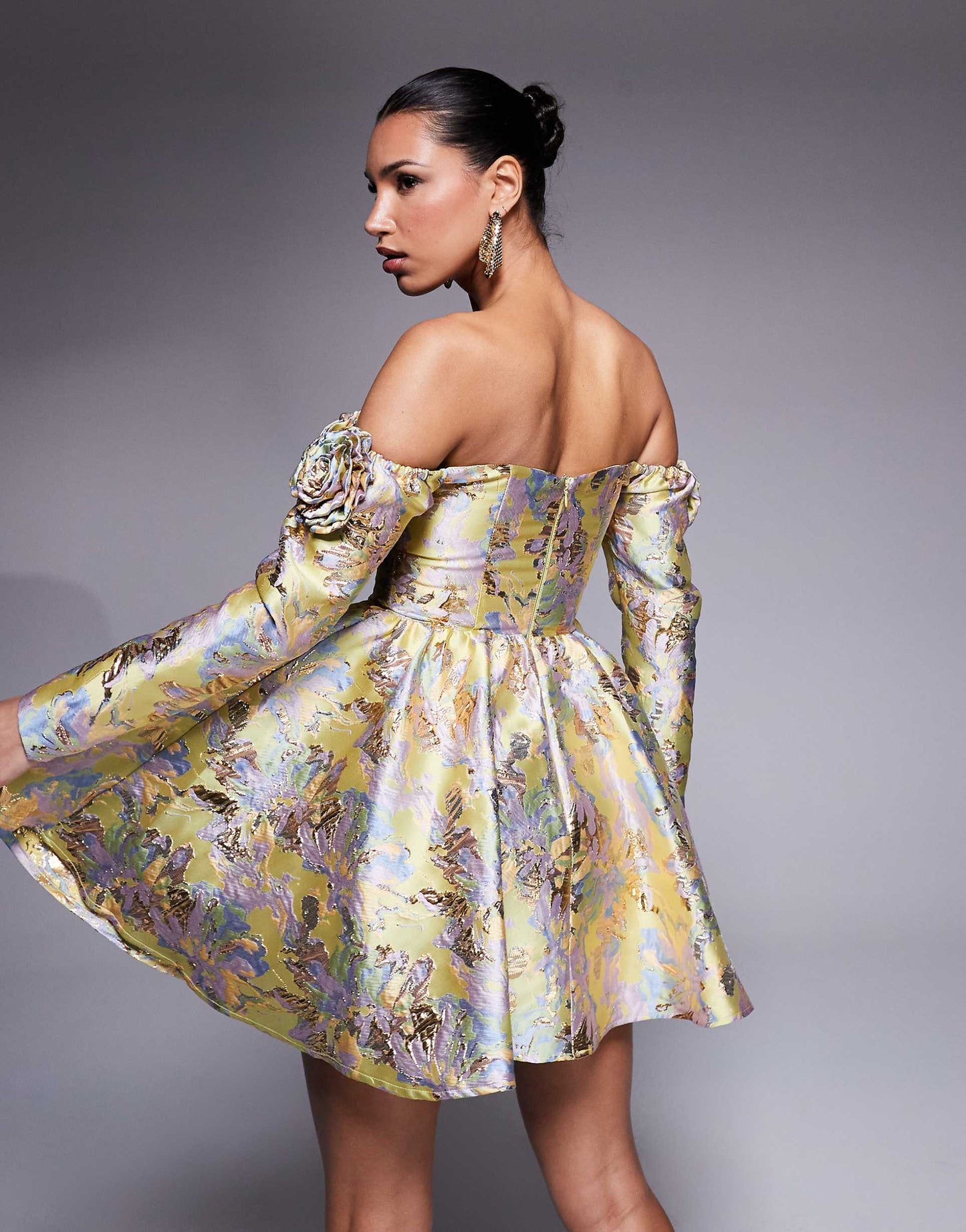 Jacquard Off Shoulder 3D Floral Skater Mini Dress