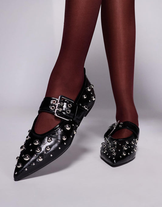Pointed Mary Jane Ballet With Studded Detail