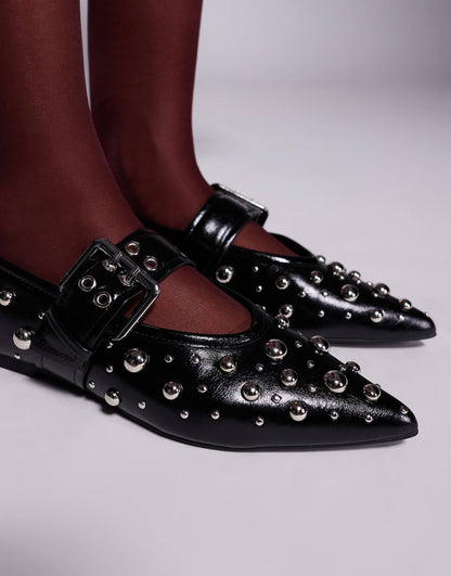 Pointed Mary Jane Ballet With Studded Detail