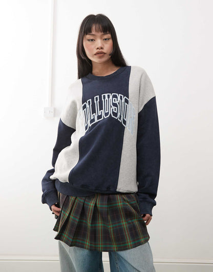 Spliced Retro Sweatshirt With Embroidery