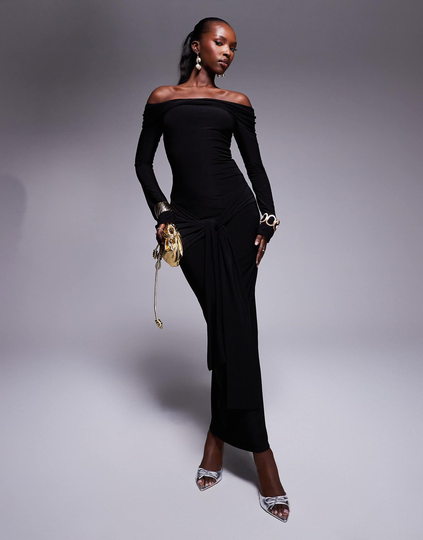 Kaiia Exclusive Slinky Tie Side Drape Detail Maxi Dress