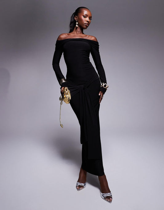 Kaiia Exclusive Slinky Tie Side Drape Detail Maxi Dress