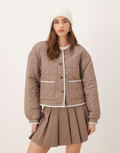 Quilted Stitch Detail Cropped Bomber Jacket