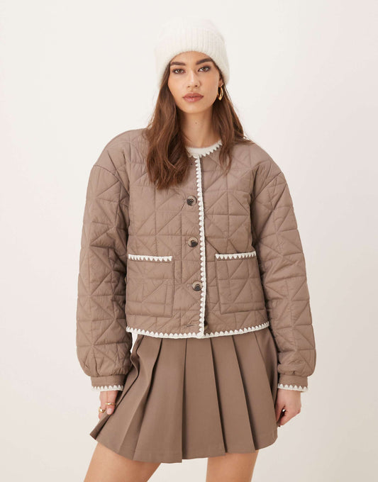Quilted Stitch Detail Cropped Bomber Jacket
