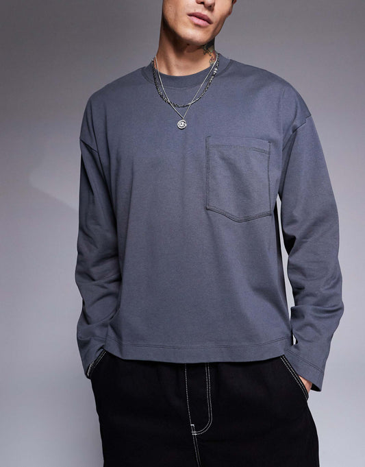 Essential Oversized Boxy Long Sleeve T-Shirt With Front Pocket 240Gsm