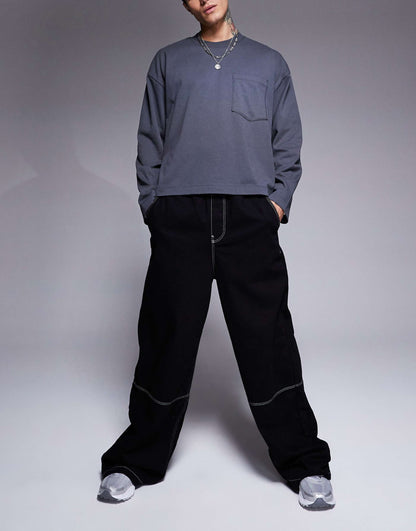 Essential Oversized Boxy Long Sleeve T-Shirt With Front Pocket 240Gsm