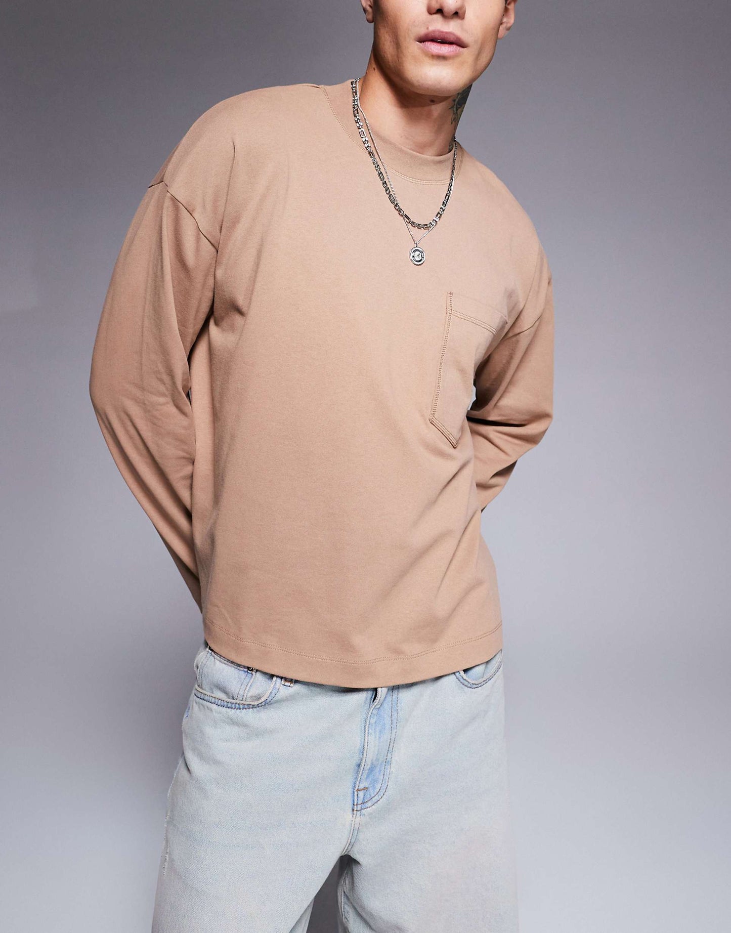 Essential Oversized Boxy Long Sleeve T-Shirt With Front Pocket 240Gsm