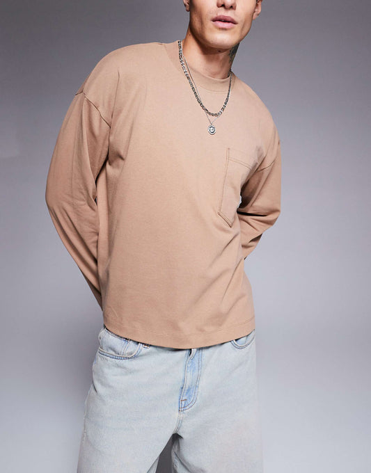 Essential Oversized Boxy Long Sleeve T-Shirt With Front Pocket 240Gsm