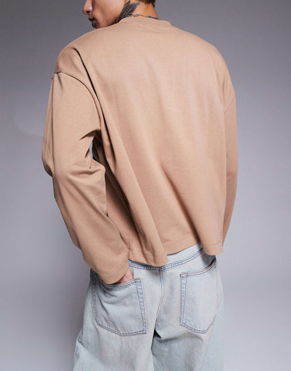Essential Oversized Boxy Long Sleeve T-Shirt With Front Pocket 240Gsm