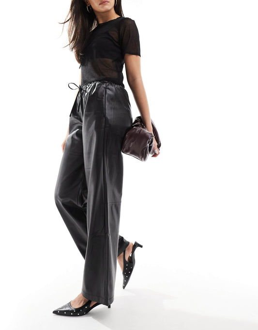Faux Leather Tie Waist Wide Leg Trousers
