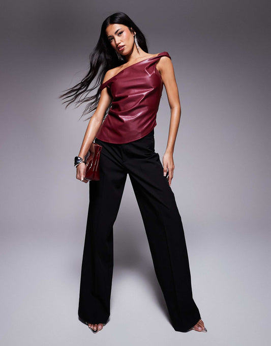 Off Shoulder Twist Leather Look Top