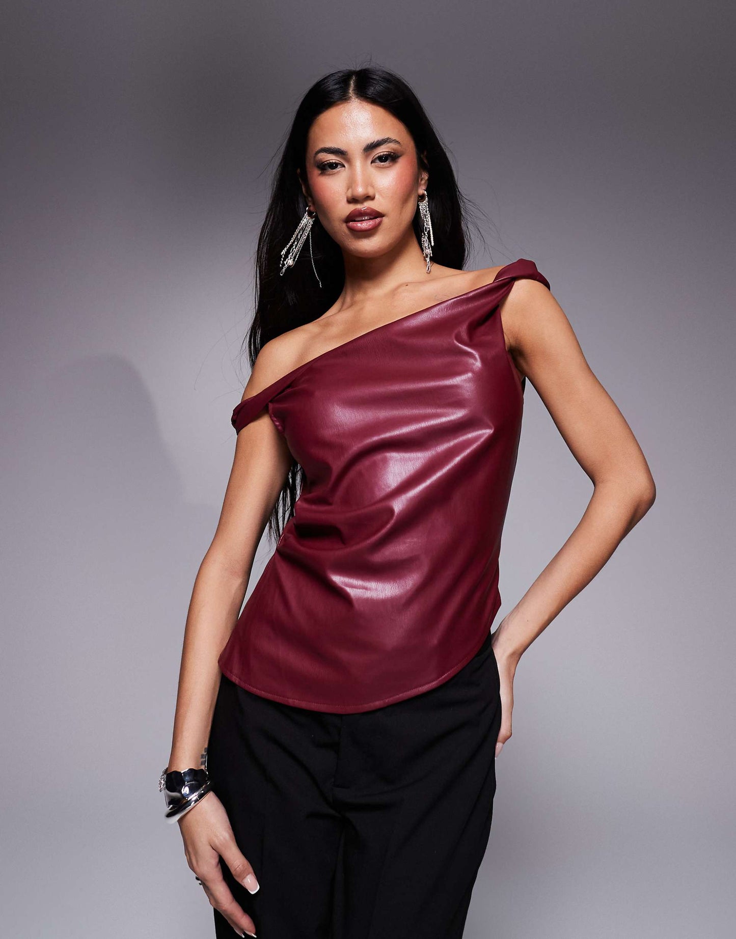 Off Shoulder Twist Leather Look Top