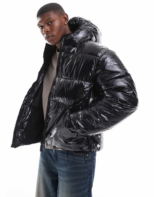 High Shine Puffer Jacket With Hood