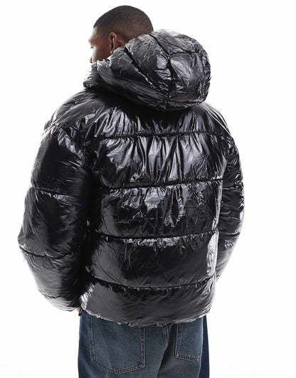 High Shine Puffer Jacket With Hood