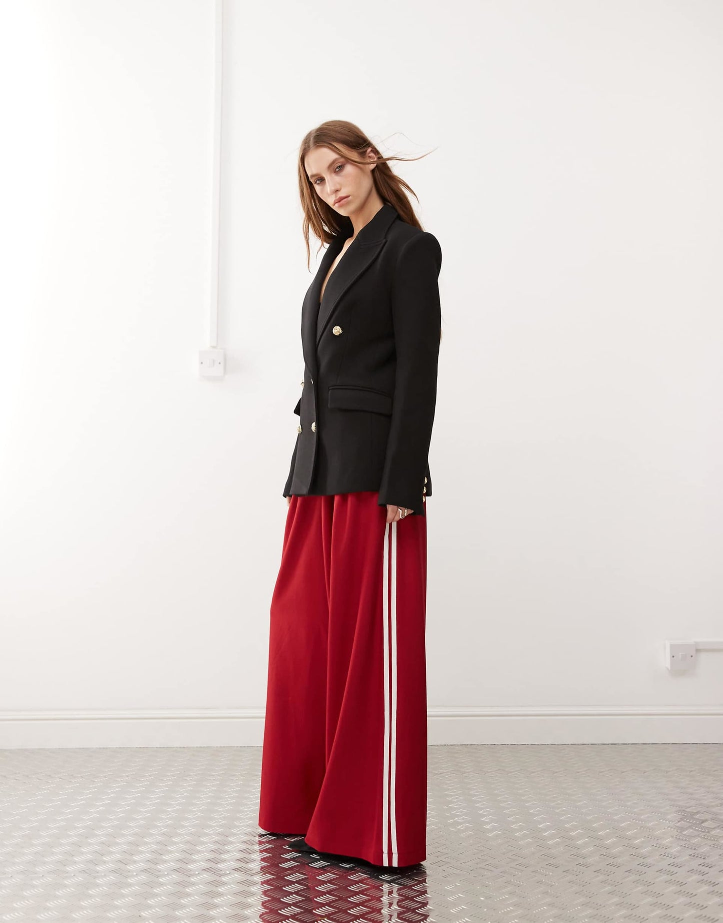 Pleat Detail Side Stripe Wide Leg Tailored Trousers
