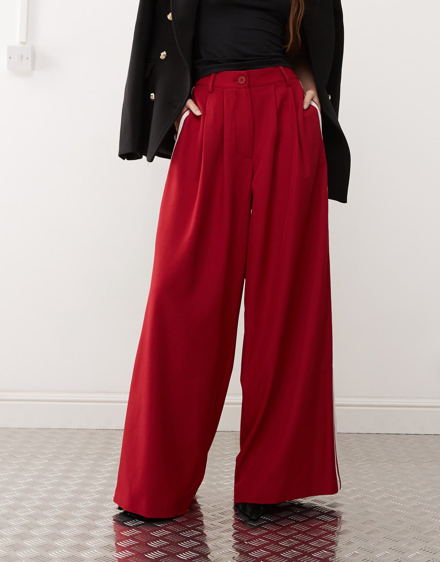 Pleat Detail Side Stripe Wide Leg Tailored Trousers