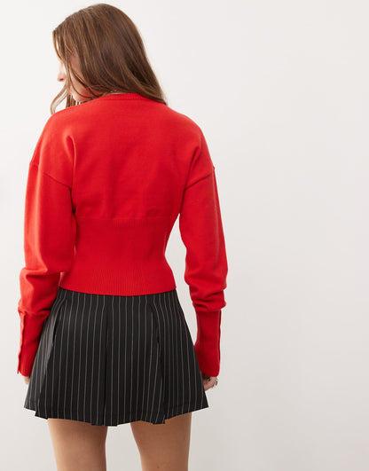 Knitted Long Sleeve Popper Front Fitted Hem Detail Top