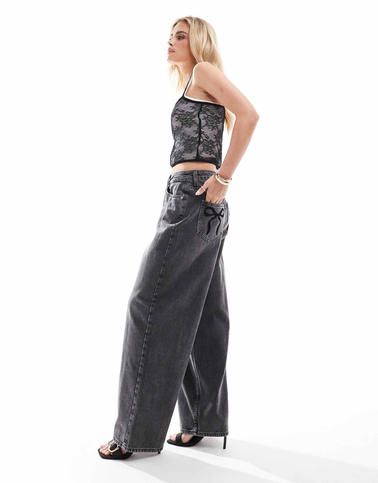 Petite  Flocked Bow Pocket Baggy Jean