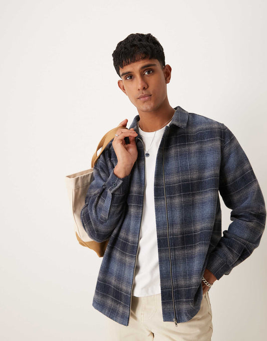 Brushed Check Shacket With Zip