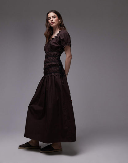 Cap Sleeve Shirred Dress With Tie Sides