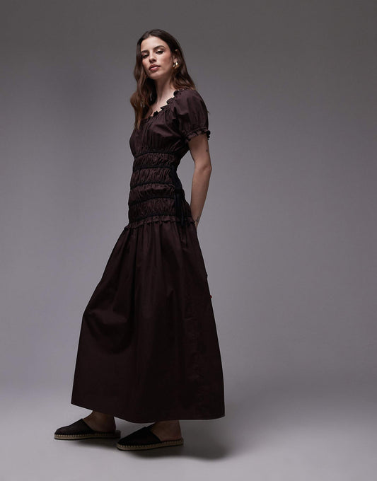 Cap Sleeve Shirred Dress With Tie Sides