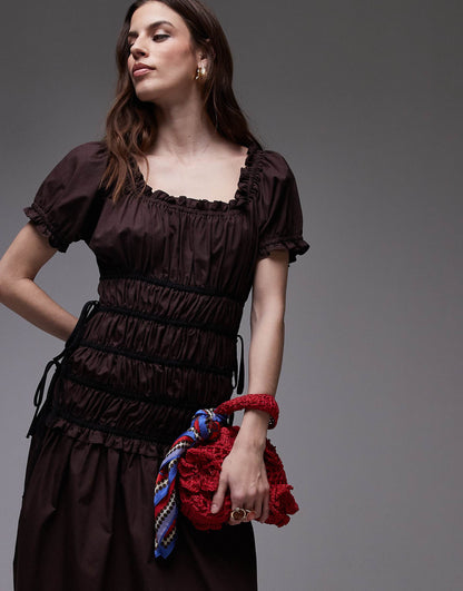 Cap Sleeve Shirred Dress With Tie Sides