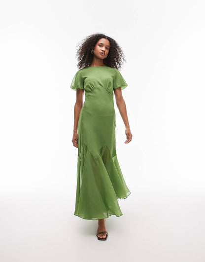 Ruffle Sleeve Volume Hem Maxi Dress