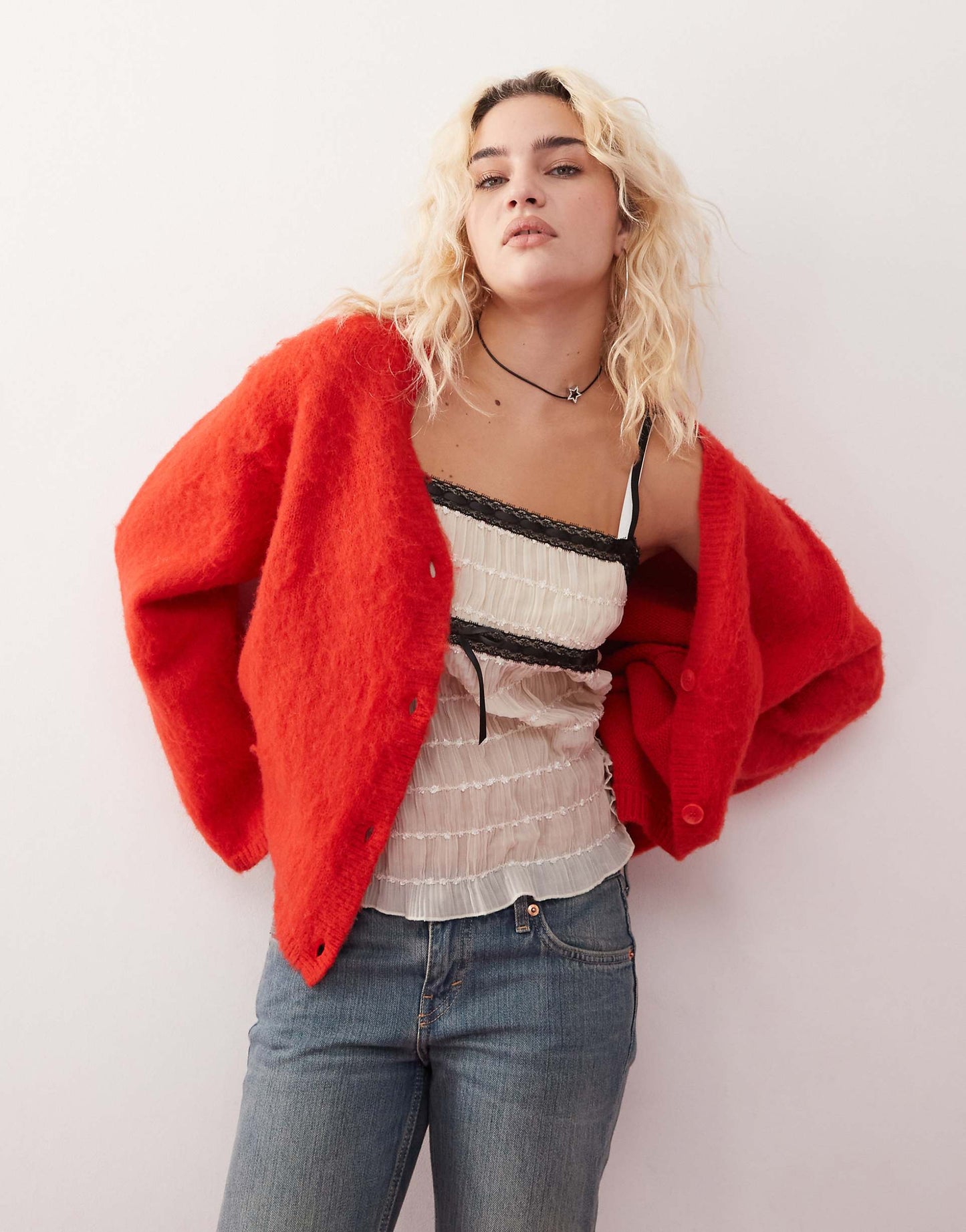 Fluffy Yarn Knitted Cardigan With V Neck