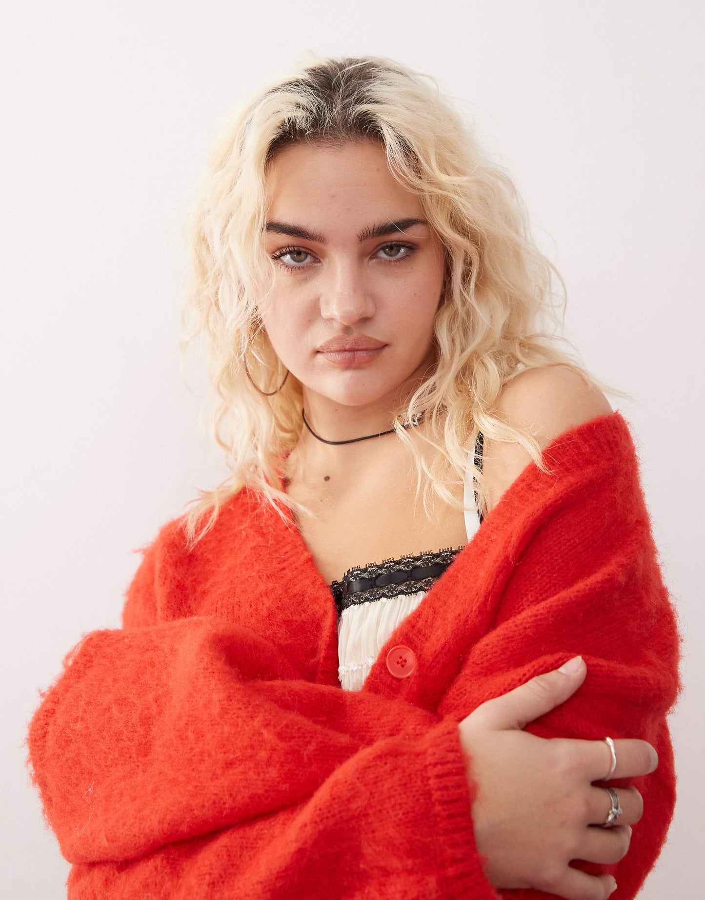 Fluffy Yarn Knitted Cardigan With V Neck