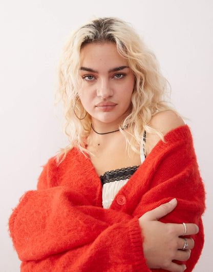 Fluffy Yarn Knitted Cardigan With V Neck