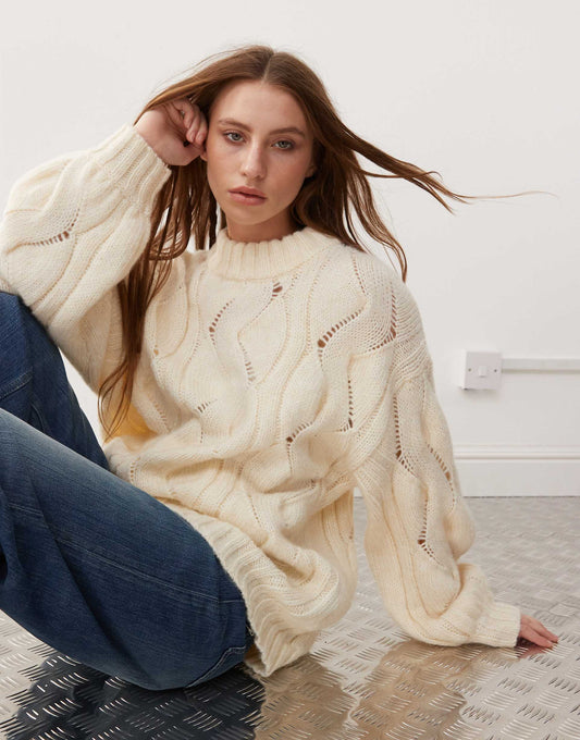 Oversized Crew Neck Cable Knitted Sweater
