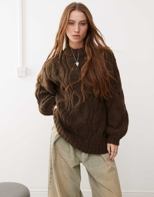 Oversized Crew Neck Cable Knitted Sweater