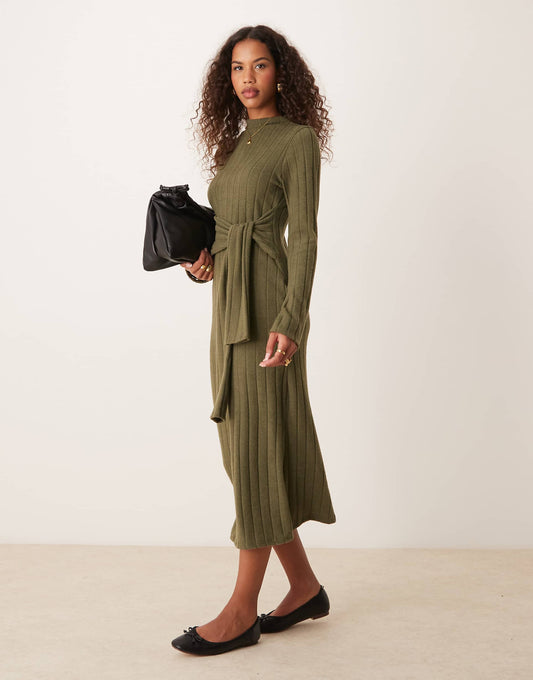 Chunky Fluffy Ribbed Midi Dress With Wrap Waist
