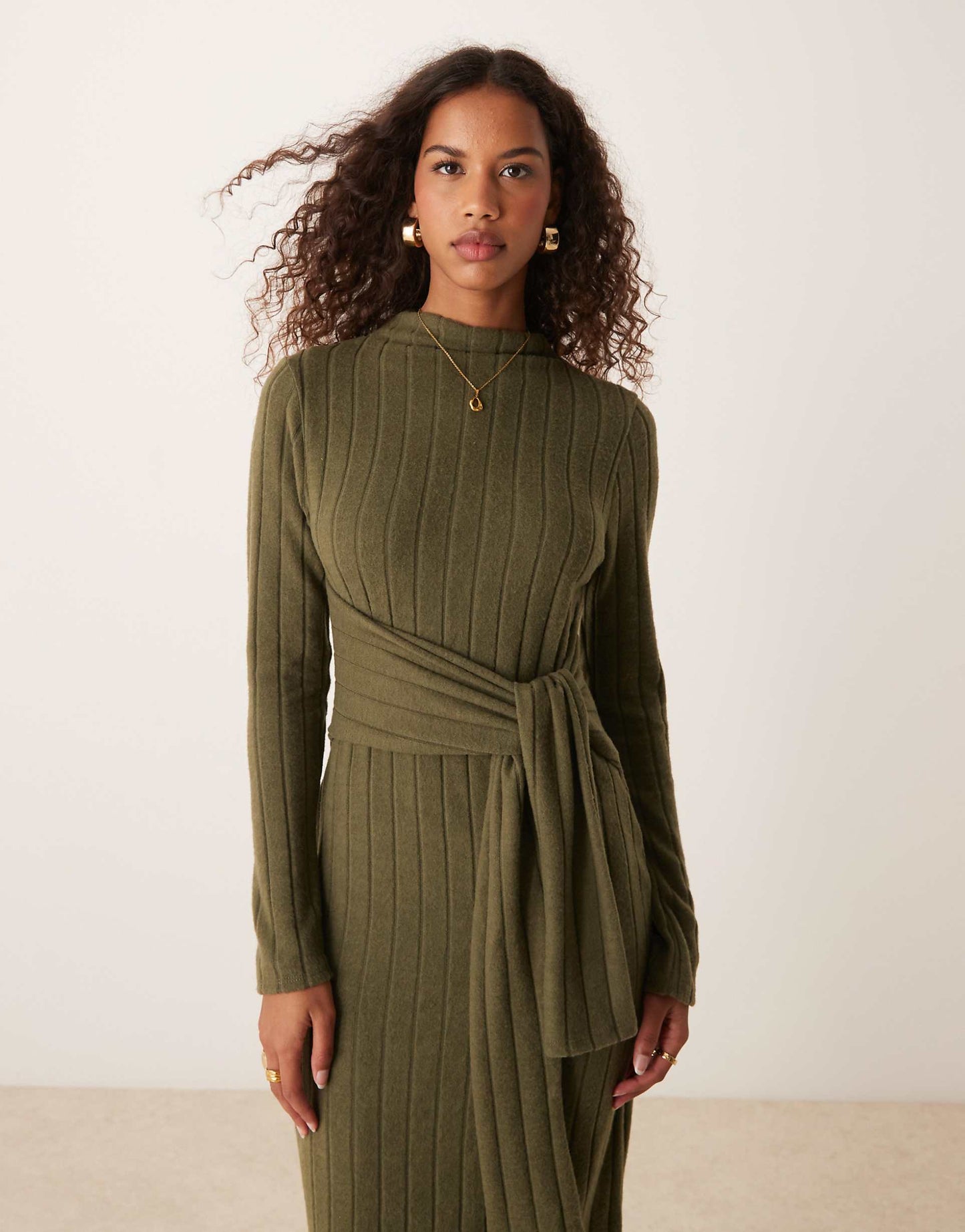 Chunky Fluffy Ribbed Midi Dress With Wrap Waist