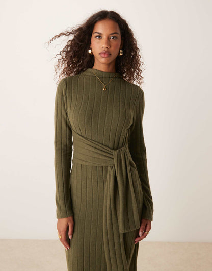 Chunky Fluffy Ribbed Midi Dress With Wrap Waist